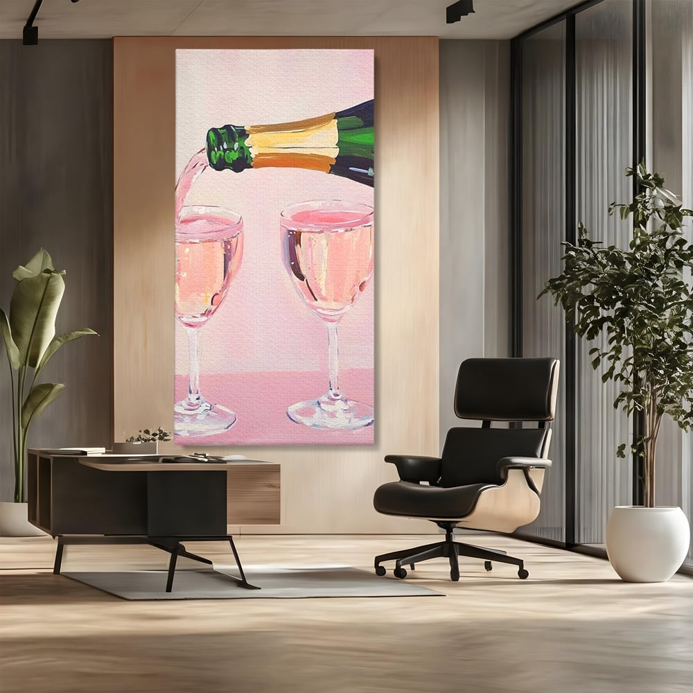 Tablou canvas cu pictura cu sticla si pahare de sampanie roz, fara rama, pe sasiu de lemn, pe perete intr-un birou